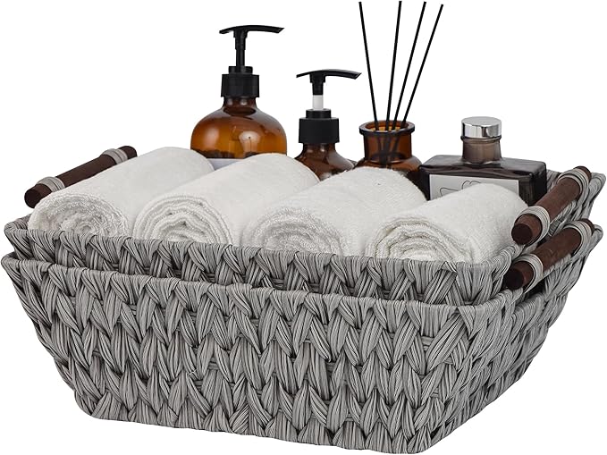 GRANNY SAYS 2-Pack Wicker Storage Baskets, Wicker Baskets for Organizing, Waterproof Basket with Handles, Storage Basket for Shelves, Gray