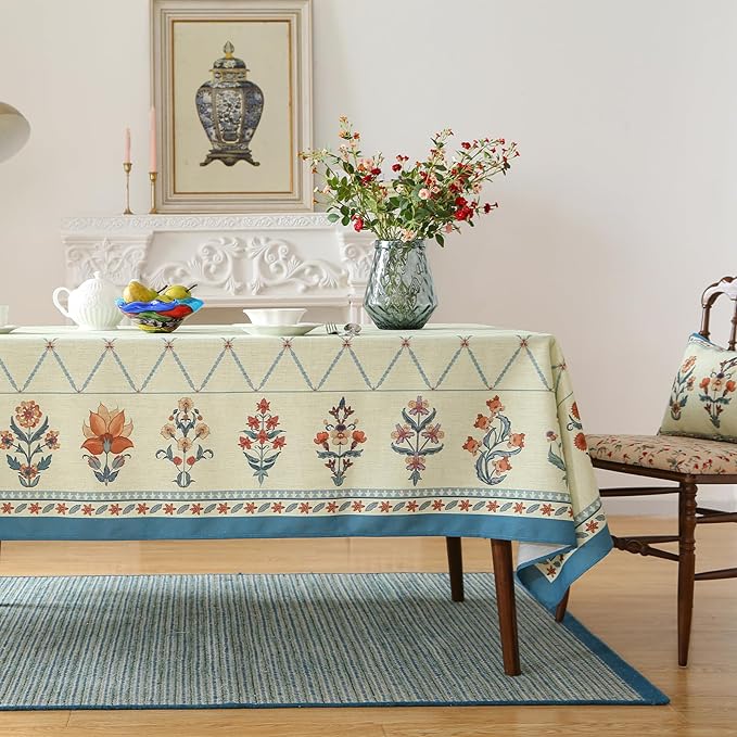 ISAENNE Designer Linen Floral Extra Long Rectangle Tablecloth,Light Green Farmhouse Durable Table Cloth,Washable Decor Tablecloths for Dining Kitchen Thanksgiving Christmas,67"*118"-Floralsea B