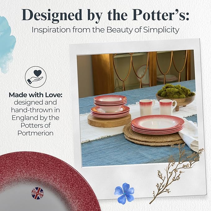 Portmeirion Potter's Mist 10.5" Dinner Plate (Set of 4) - Handcrafted Earthenware Plates with Red Accent Rim, Microwave & Dishwasher Safe - Ideal Tableware for Modern & Traditional Dining (Red Mist)