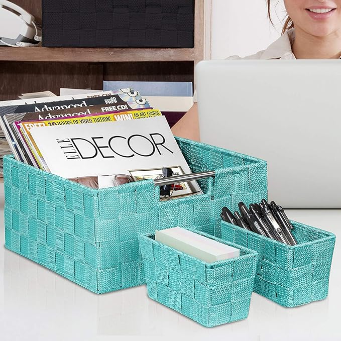 Sorbus Storage Baskets for Organizing (Set of 7), Mesh Hand-Woven Design, Linen Closet Organizers and Storage, Organizer Storage Baskets for Shelves, Variety Pack Organizers and Storage (Aqua)