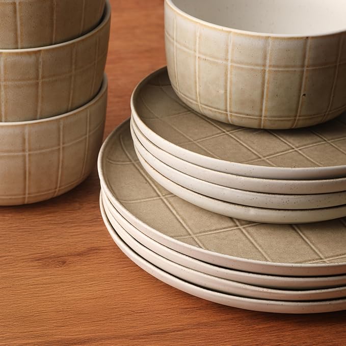 Gisbon Elite Butterwick 12 Piece Plates and Bowls Stoneware Dinnerware Set - Brown Blush Pink Reactive Glaze Patterned Dishes - Microwave and Dishwasher Safe