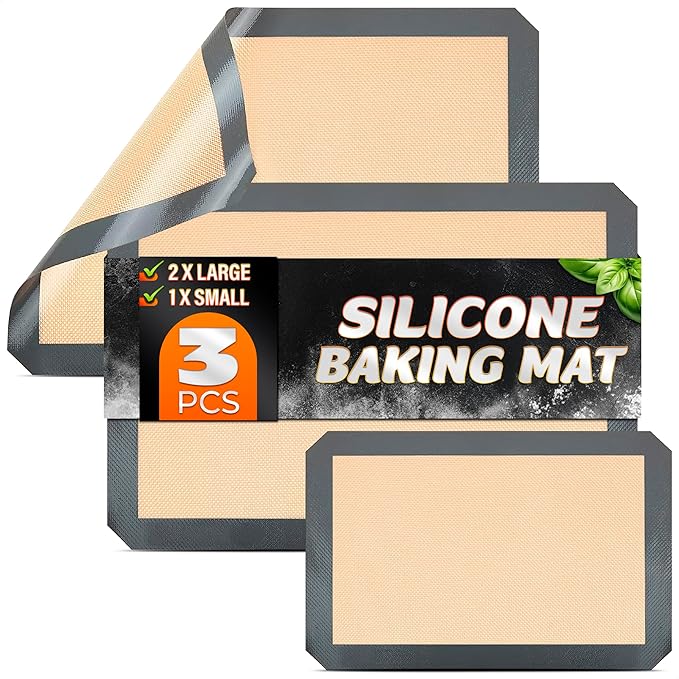 3 Pcs Silicone Baking Mat - Non-Stick Silicone Baking Mats Cookie Sheet with Reinforced Edges, Dishwasher Safe, Heat-Resistant - Uniform Heating & Easy Baking for Macarons, Cookie Dough, Roasts, Pizza