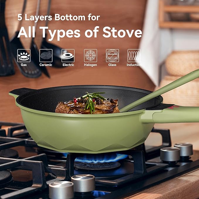 TIBORANG 8 in 1 Multipurpose 11 Inch 5 Quart Heat Indicator Nonstick Deep Frying Pan with Glass Lid,Steamed Grid,PFOA-Free,Dishwasher&Oven Safe,Works with All Stovetops (Olivedrab)