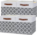 Temary 12x12x12 Fabric Storage Bins 4 Pack with Leather Handle, Foldable Cubes Storage Box Baskets for Closet, Shelf (White&Lattice)