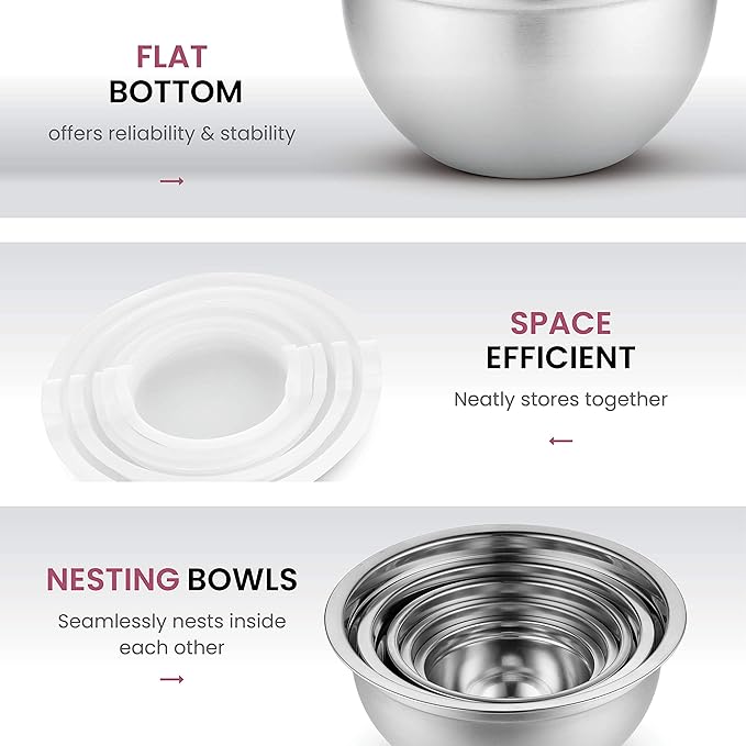 Stainless Steel Mixing Bowls Set with Lids, Home Kitchen Cooking Essentials Household Must Haves for Baking, 5 Pieces