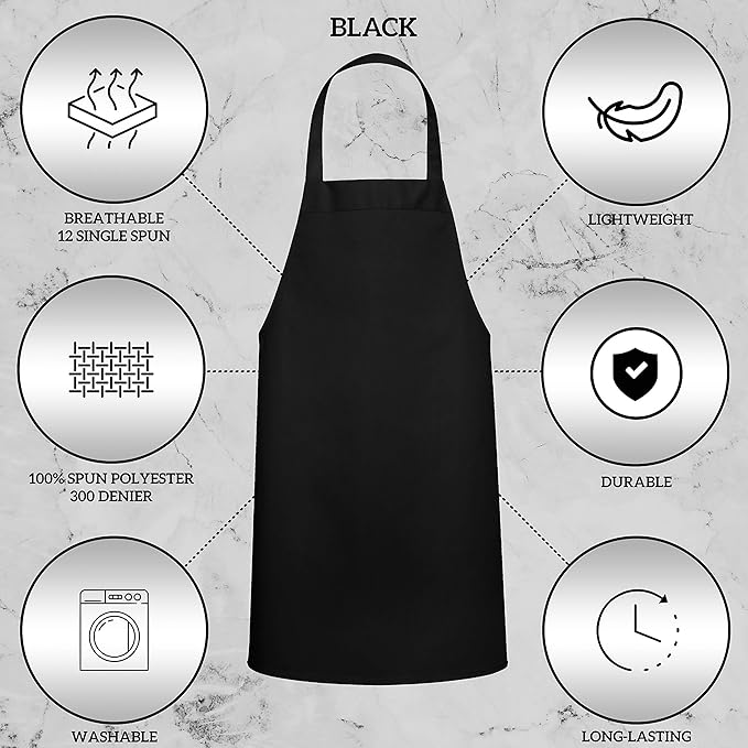 GREEN LIFESTYLE 12 Pack Bib Apron - Unisex Black Aprons, Machine Washable Aprons for Men and Women, Kitchen Cooking BBQ Bulk (Pack of 12, No Pockets, Black)
