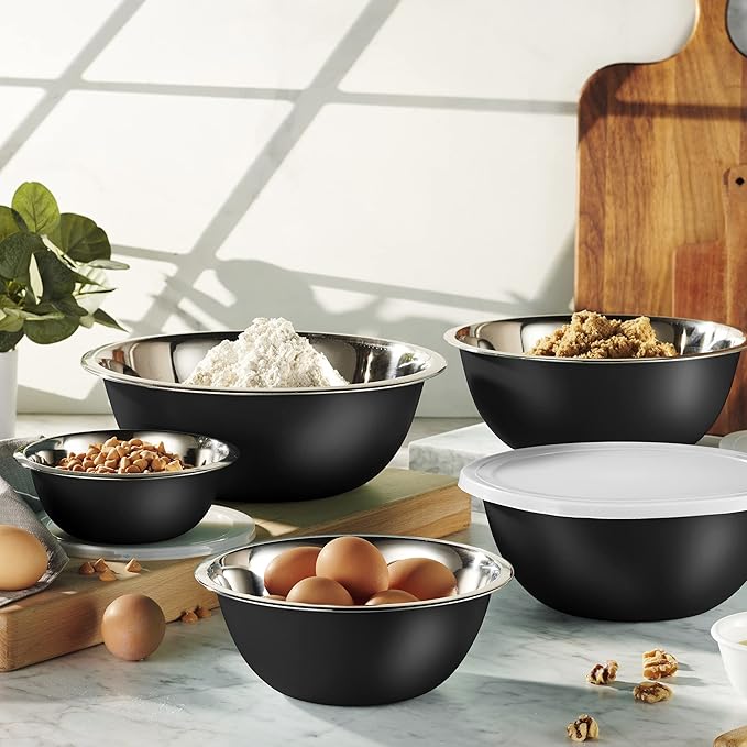 WHYSKO Stainless Steel Mixing Bowl Set, 10 Piece Stainless Steel Mixing Bowls with Lids Set for Food Prep Storage and Serving, Dishwasher Safe for Kitchen Baking Cooking, Black