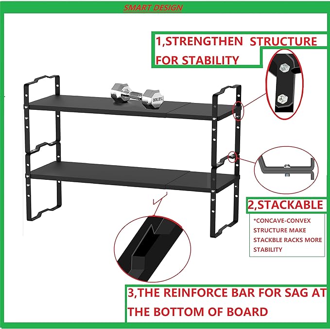 Expandable Shelf for Cabinet Organizer Adjustable Stackable Spice Rack at Kitchen and Bathroom More, Counter Countertop Cupboard Organization Pantry Storage(MEDIUM/1PACK/BLACK)