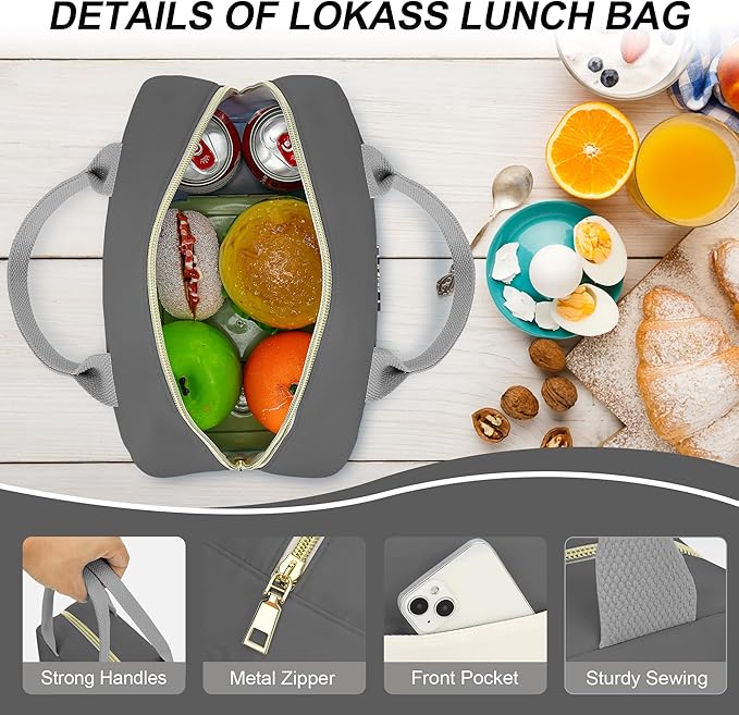 LOKASS Lunch Bag for Women-Insulated Adults Lunch Box with Front Pocket- Small Cute Lunch Tote for Work-Reusable Cooler Bag for Office Picnic Beach or Travel (Dark Grey)