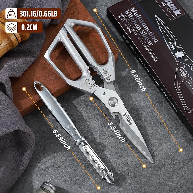 Huusk Kitchen Scissors and Potato Peelers Set, Multifunction Japanese Vegetable Peeler for kitchen, Stainless Steel Cooking Kitchen Shears with Fruit Peeler for Carrot, Veggie, Cucumber, Apple