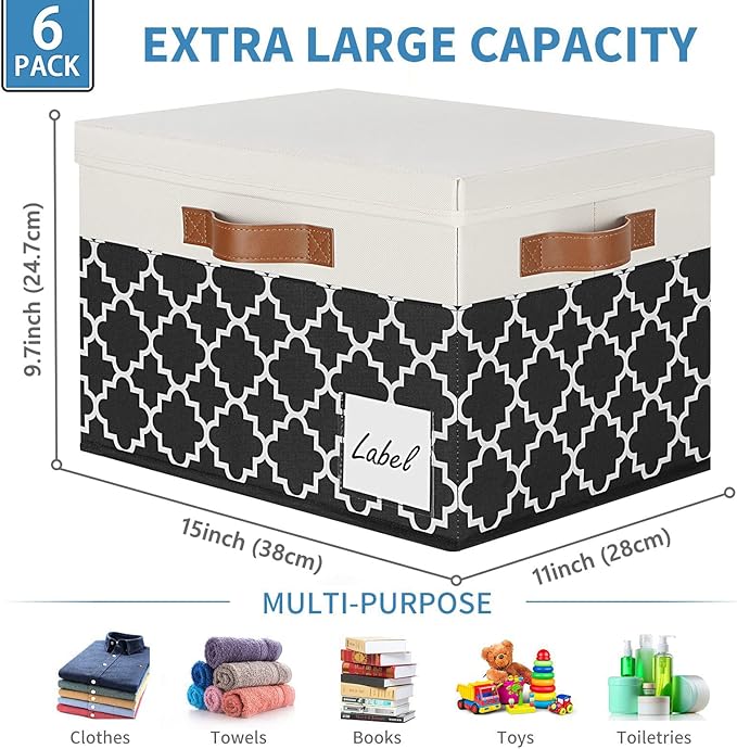 GhvyenntteS 6 Pack Fabric Storage Bins with Lids, Foldable Fabric Storage Boxes with Lids and 3 Handles, Sturdy Closet Organizers and Storage Bins with Label Window for Home (White&Lattice Black)