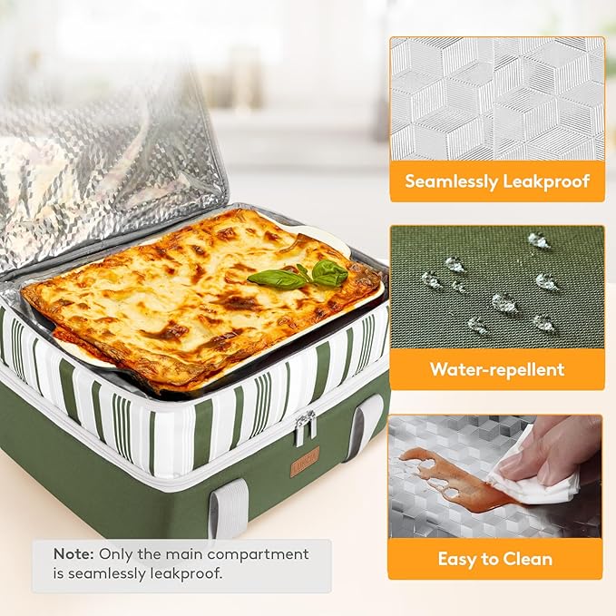 LUNCIA Double Decker Insulated Casserole Carrier for Hot or Cold Food, Lasagna Holder Tote for Potluck Parties/Picnic/Cookouts, Fits 9"x13" Baking Dish, Dark Green