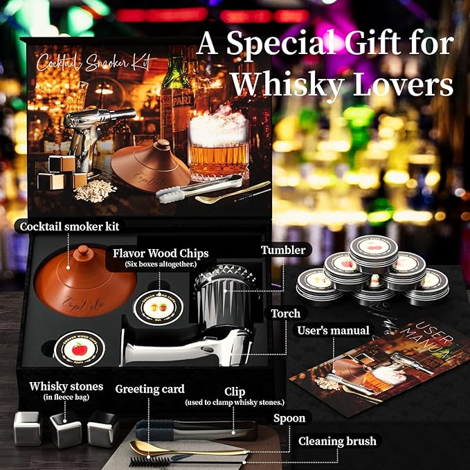 Cocktail Smoker Kit with Torch and Whiskey Glass, 6 Flavors Wood Chips and 3 Whisky Stones for Whiskey & Bourbon, Gift for Husband, Birthday Gift (No Butane), Brown