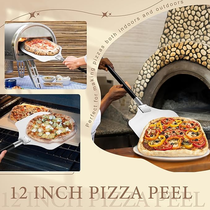 HaSteeL Aluminum Pizza Peel Spatula Set, 12 Inch Pizza Paddle Shovel, 14 Inch Metal Pizza Cutter Rocker, Pizza Oven Accessories Tools for Cooking Baking Turning Cutting, Long Detachable Handle