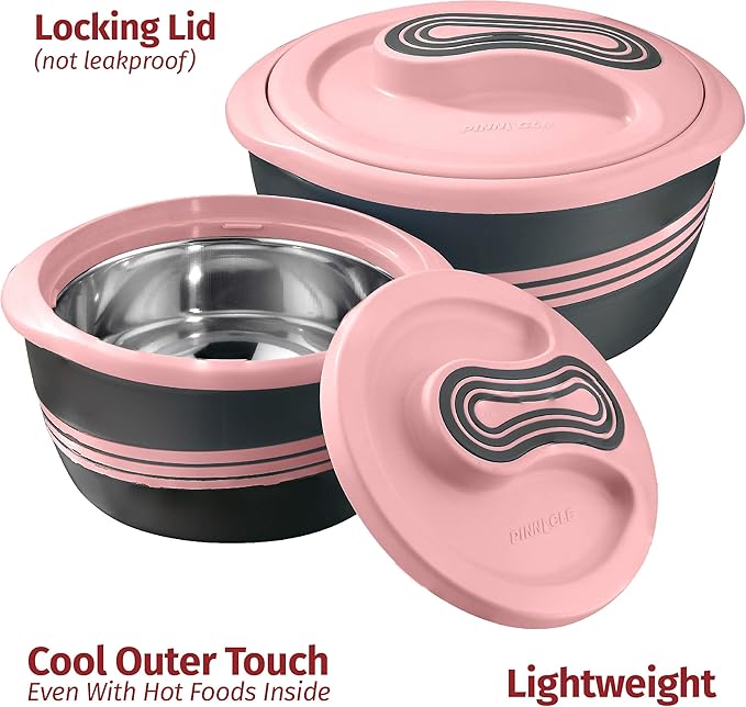 Pinnacle Insulated Casserole Dish with Lid 3 pc. Set 2.6/2/1 qt. Hot Pot Food Warmer/Cooler –Thermal Soup/Salad Serving Bowl- Stainless Steel Hot Food Container–Best Gift Set for Moms –Holidays Pink
