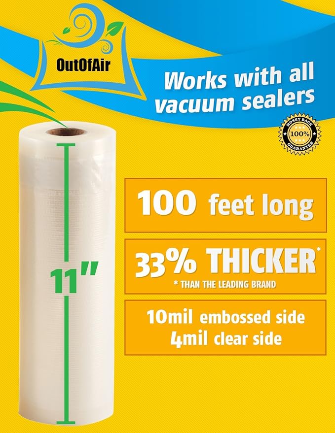 OutOfAir 11" x 100' Vacuum Sealer Bags Rolls & Dispenser Cutter Box - BPA Free, 4 mil thick - Great for Sous Vide - Works with Food Saver Machines