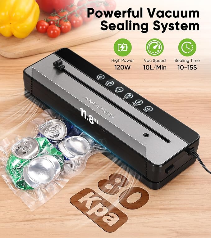 Vacuum Sealer for Food, 6-in-1 Food Vacuum Sealer Machine, Built-in Cutter Food Sealer Vacuum Sealer, Compact Vacuum Sealers with 20 Vacuum Bags, External VAC for Jars & Containers, Black