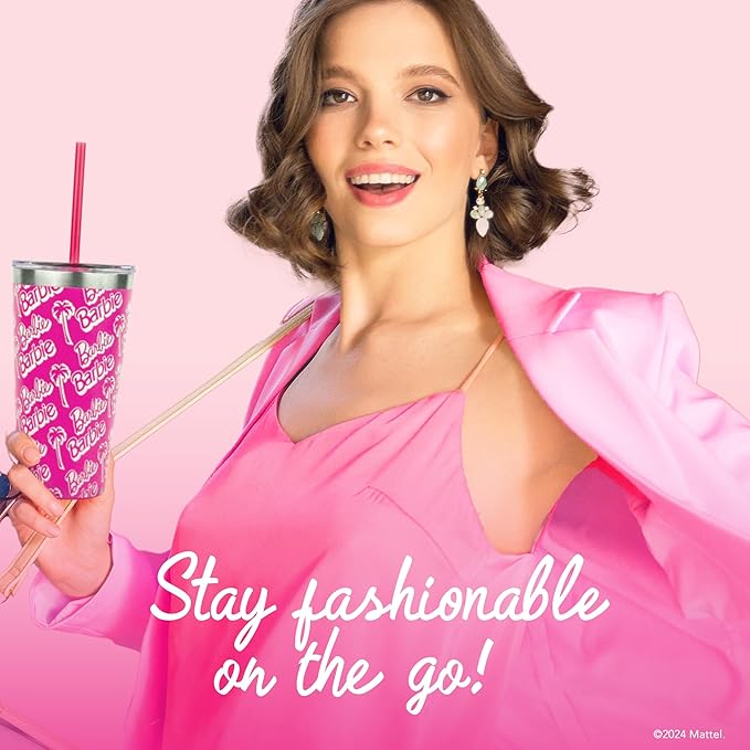 Dragon Glassware x Barbie Vacuum Insulated Tumbler with Lid and Straw - 16 oz Tumbler Cup with 2 Straws - Stainless Steel Tumbler with Straw for Water, Iced Tea - Travel Coffee Tumbler - Classic