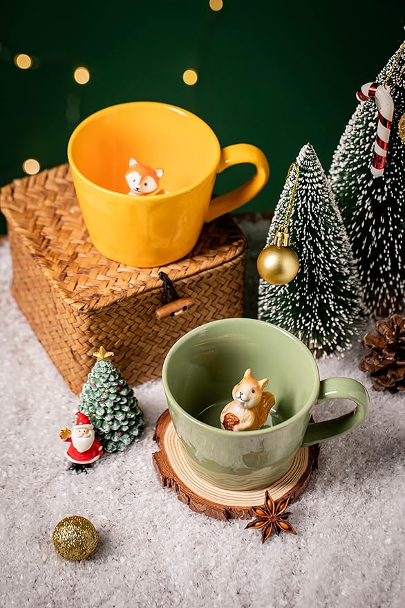 DIHOclub Squirrel Ceramic Cup Hidden 3D Animal Inside Mug,Cute Cartoon Handmade Figurine Mugs,Holiday and Birthday Gift for Coffee Milk Tea Lovers,12 OZ(Light Green)