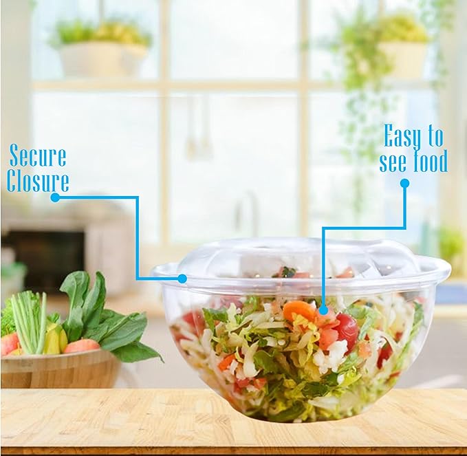 Mr Miracle Clear 48 Ounce Plastic Salad Bowls with Snap-On Lids. Pack 50. Airtight Disposable Salad Containers for Lunch, Meal Prep, Parties. Ideal as Disposable Salad Bowls with Lids