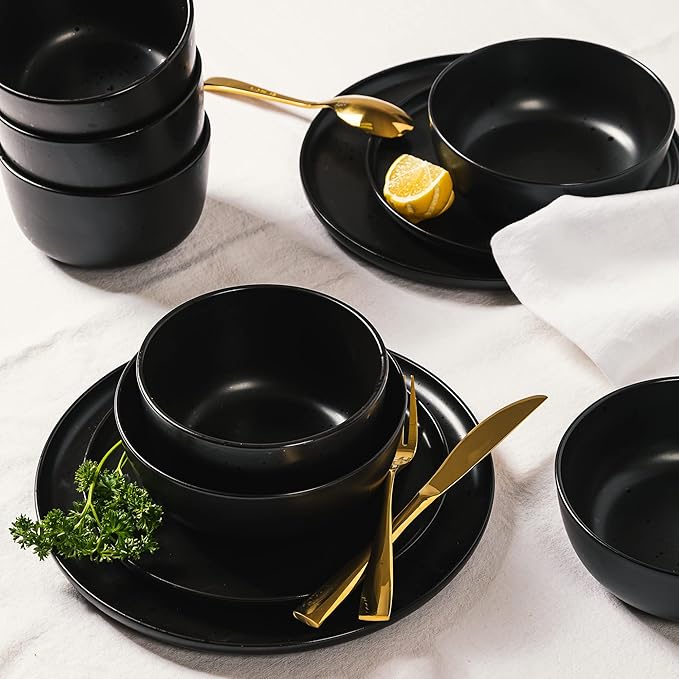 Gibson Elite James Street Stoneware Matte Reactive Double Bowl Dinnerware Set - Pepper Black, Service for 4 (16pcs)