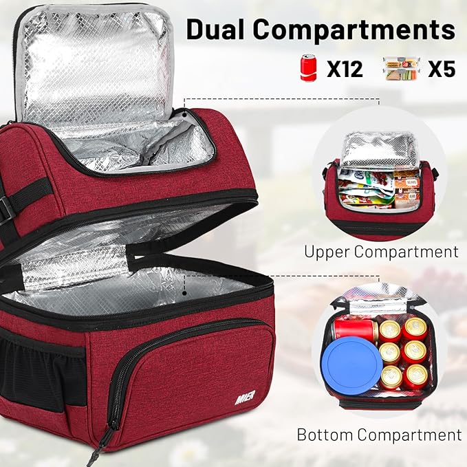 MIER Dual Compartment Lunch Bag Tote with Shoulder Strap for Men and Women Insulated Leakproof Cooler Bag, Dark Red