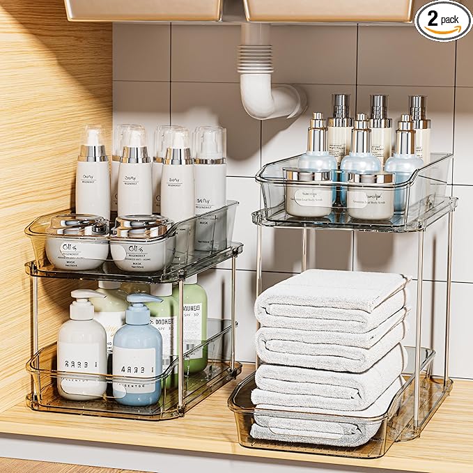 Delamu 2-Tier Under Sink Organizers and Storage, Multi-Purpose Stackable Bathroom Cabinet Organizers, Pull Out Kitchen Pantry Organization and Storage with Dividers(2 Pack, Grey)