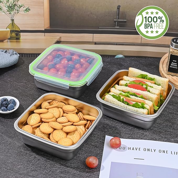 2 Pack Sandwich Containers, 40oz Stainless Steel Sandwich Box with Airtight Lids, Reusable Metal Meal Prep Lunch Boxes, BPA-Free, Dishwasher Safe, Large Capacity Food Storage Containers (Black)