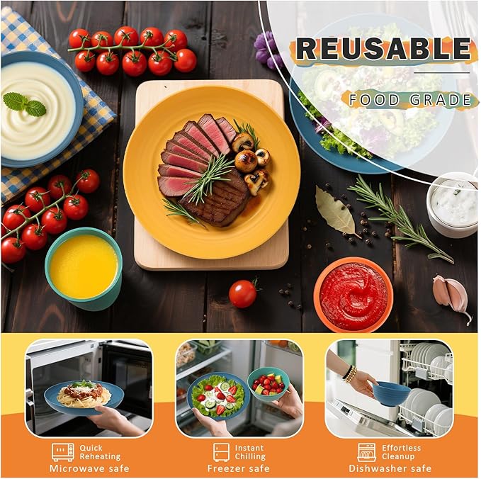 Wheat Straw Dinnerware Sets, Unbreakable Plates and Bowls Sets of 16, Kids Dinnerware Set Sevice for 4, Dishwasher & Microwave Safe Dish Set for Kitchen, Outdoor, Camping - Multi