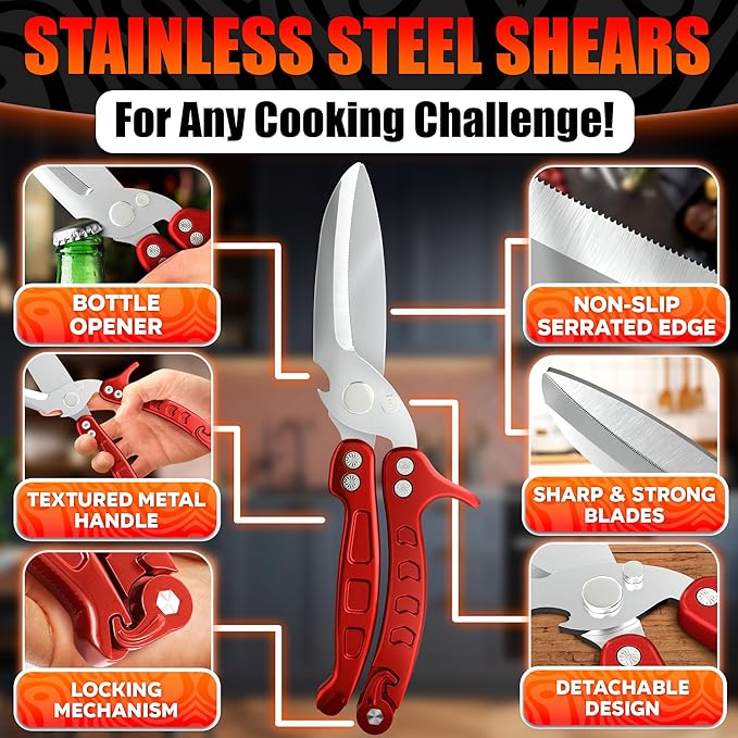 4-in-1 Kitchen Shears Heavy Duty – Sharp Seafood, Turkey Shears & Chicken Scissors with Non-Slip Metal Handle & Micro-Serrated Blades for Meat – Spring-Loaded Bone Cutting Scissors with Safety Lock