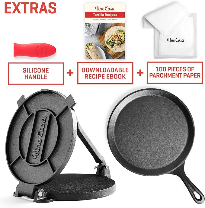 Uno Casa 10 Inch Cast Iron Tortilla Press & Comal Pan Bundle - Non-Stick, Heat-Resistant, Family Size, Gas Stovetop Compatible