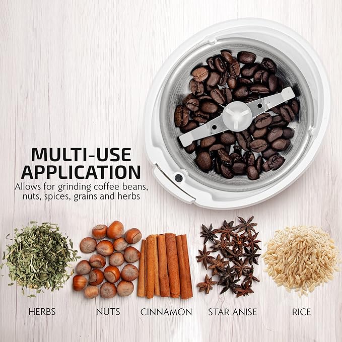 OVENTE Electric Coffee Grinder for Beans, Spices and More, 2.5Oz Compact Grinding Mill, Spice Grinder with Stainless Steel Blade, Pulse Button Operation and Transparent Easy to Open Lid, White CG225W