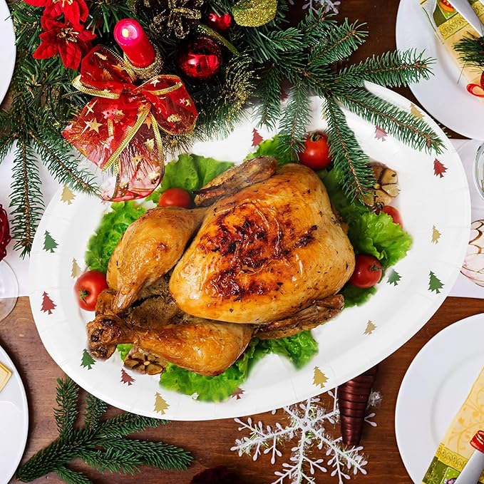 WDF 100 Pack Christmas Paper Plates - 10" x 12"Disposable Christmas Plates Disposable with Christmas Trees-Large Oval Paper Plates Heavy Duty- Party Plates for Christmas