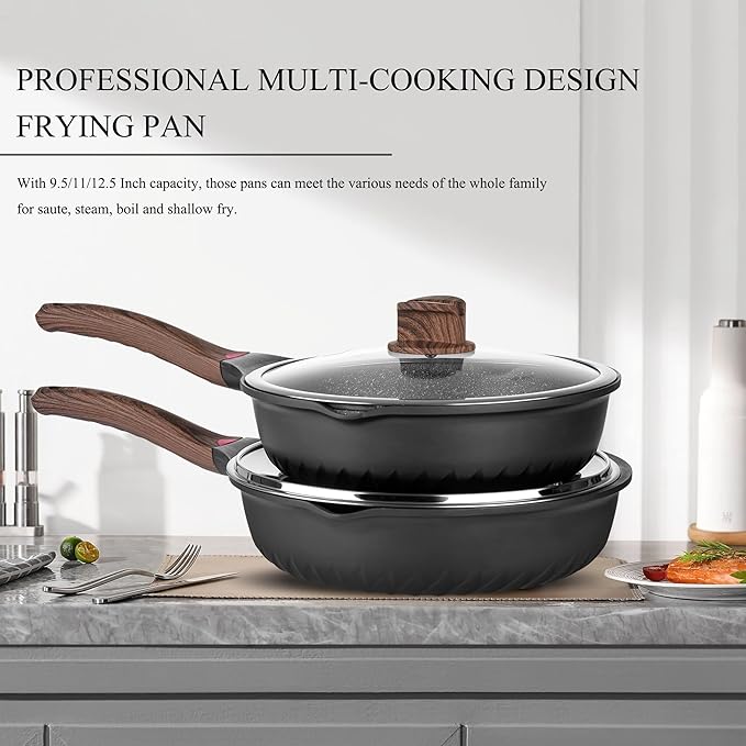 Vinchef Pots and Pans Set, 12pcs Nonstick Induction Kitchen Cookware Sets with Stay-Cool Handles, Frying Pans and Saute Pan with Lid, Silicone Cooking Utensil Sets and Pot Protectors, PFAS, PFOA Free