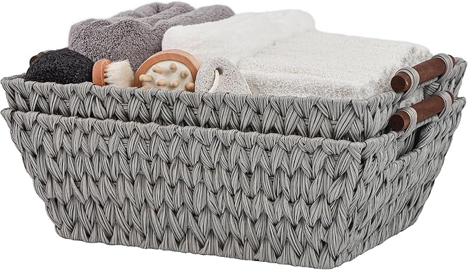 GRANNY SAYS 2-Pack Wicker Storage Baskets, Wicker Baskets for Organizing, Trapezoid Woven Basket with Handles, Storage Basket for Shelves, Gray