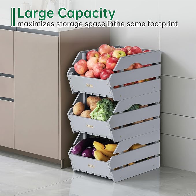 HABAU Wood Potato Onion Storage Bins - Wooden Stackable Produce Basket - Fruit Vegetable Storage for Kitchen Pantry Organization, Set 3 Pieces