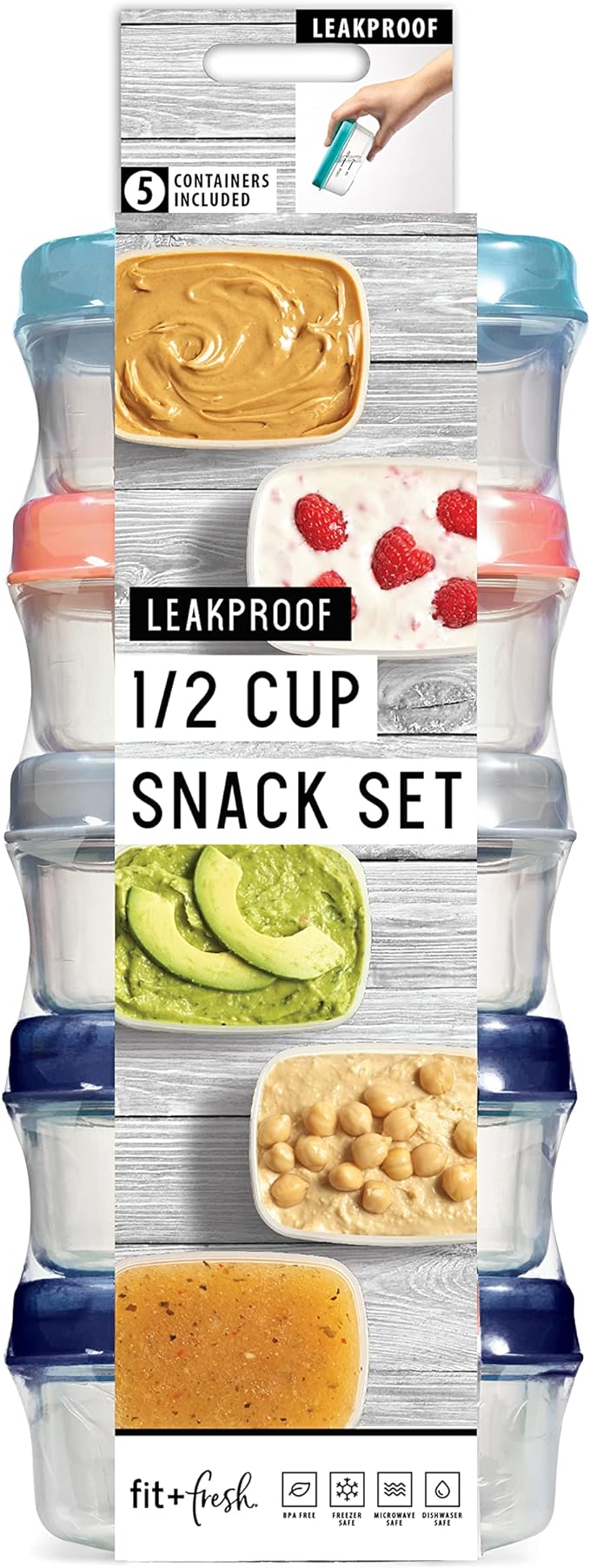 Fit & Fresh Small Plastic Containers With Lids 4 oz, Snack Containers for Adults and Kids, Reusable Leakproof Dressing and Condiment Containers, Multicolor, 5PK, Light