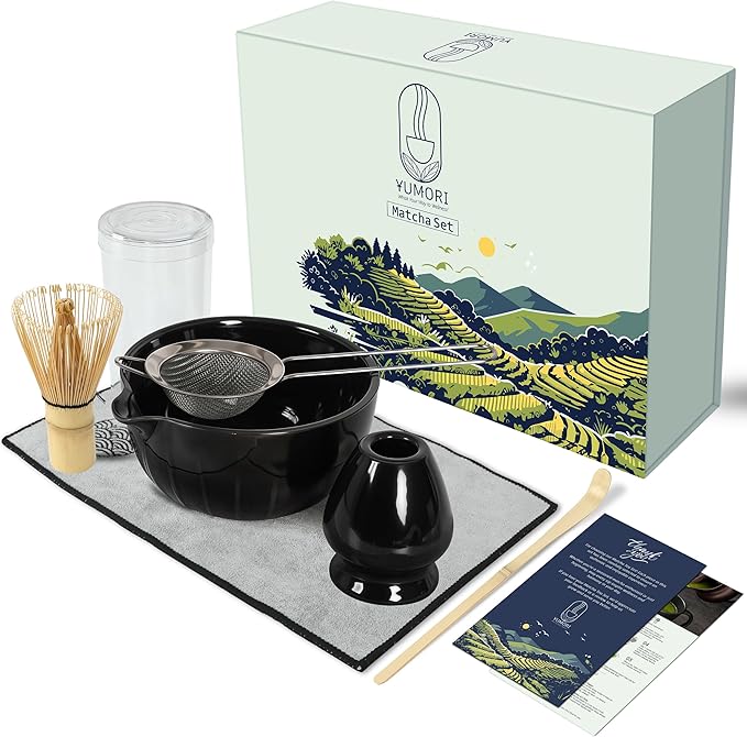 6 Pcs Matcha Whisk Set | Matcha kit with Black Bowl, Bamboo Whisk, Scoop, Sifter, Holder for whisk & Cleaning Cloth, Traditional Matcha Set in Magnetic Gift Box
