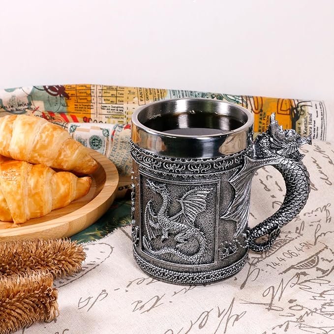 Medieval Roaring Dragon Coffee Mug - Dungeons and Dragons Beer Stein Tankard Drink Cup - 15.8oz Stainless Mug for GOT Dragon Lovers Collector Ideal Novelty Gothic Father Day Gift Party Decoration