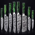 SENKEN 8-piece Engraved Japanese Kitchen Knife Set & Beautiful Green Resin Epoxy Handles - Wasabi Collection - Chef's Knife, Bread Knife, Cleaver Knife, Paring Knife, & More