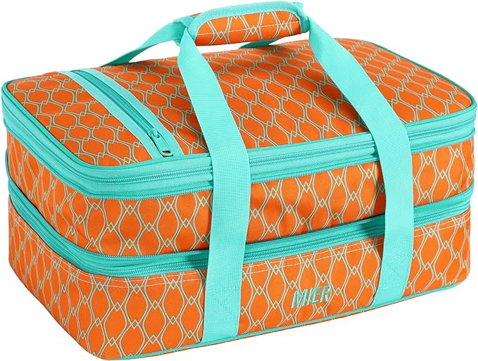 MIER Insulated Double Casserole Carrier Thermal Lunch Tote for Potluck Parties, Picnic, Beach, Fits 9 x 13 Inches Casserole Dish, Expandable by Mid Zipper, Orange
