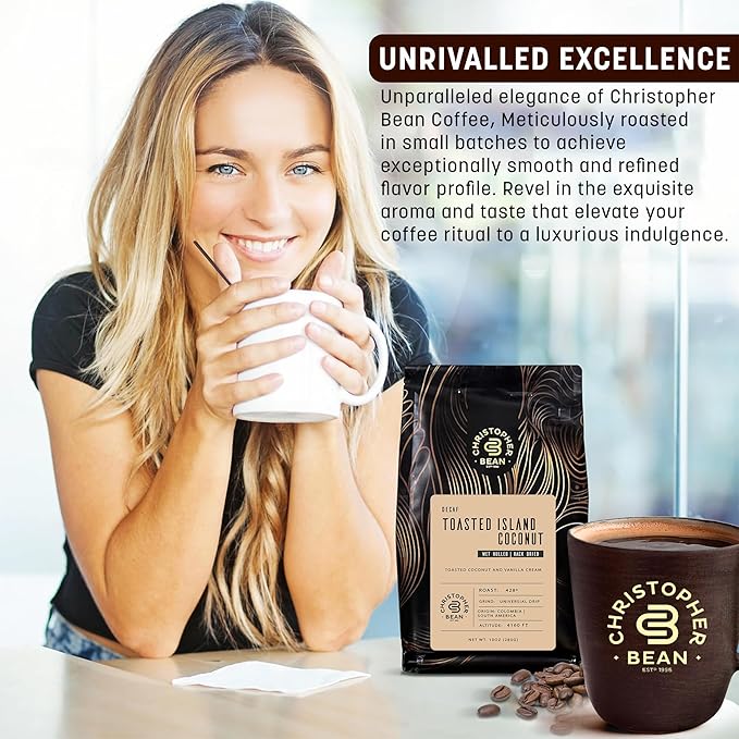 Christopher Bean Coffee - Certified Kosher - Decaf Ground Universal Drip Toasted Island Coconut Flavored Coffee| Flavored Coffee with Medium Roast 100% Arabica, No Sugar, No Fats, Non-GMO | 10-Ounce