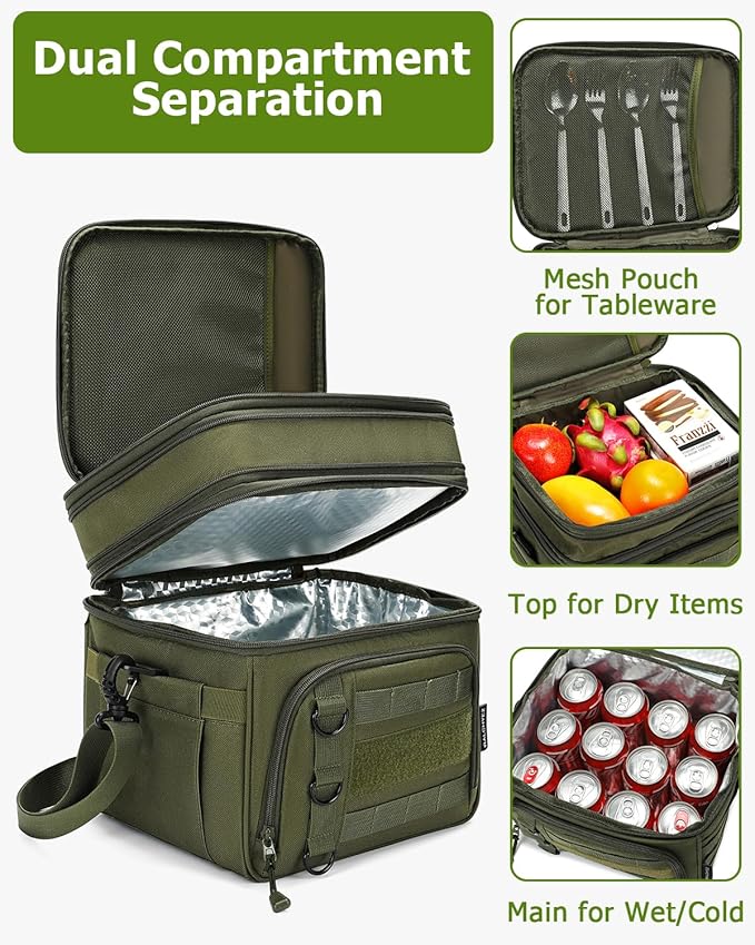 RalChyez Tactical Lunch Box for Men, Large Insulated Lunch Bag Expandable Double Deck Cooler Leakproof Waterproof Lunch Pail for Adult Women Work Office Shifts Picnic Travel Green