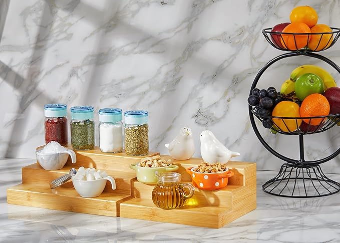 RoyalHouse Bamboo Expandable Spice Rack Organizer, 3-Tier Adjustable Kitchen Cabinet, Countertop Display Shelf, Space Organizer for Kitchen and Bathroom