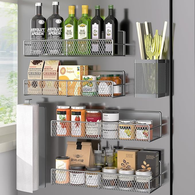 Magnetic Spice Rack for Refrigerator, 6 Pack 100% Metal Strong Magnet Shelf, Space Saving Spice Organizer, Home Kitchen Laundry Room Storage Organization W/ Paper Towel Holder, Utensils Racks (Grey)
