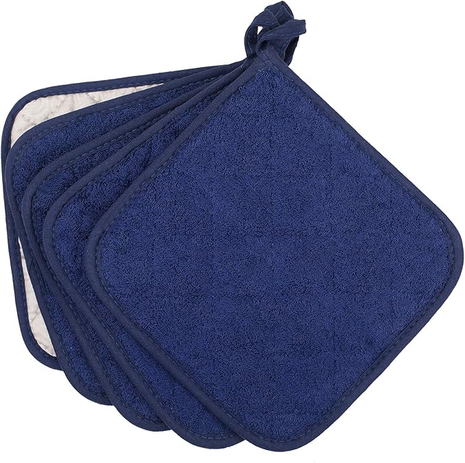 100% Cotton Kitchen Everyday Basic Terry Pot Holder Heat Resistant Coaster Potholder for Cooking and Baking Set of 5 Dark Blue