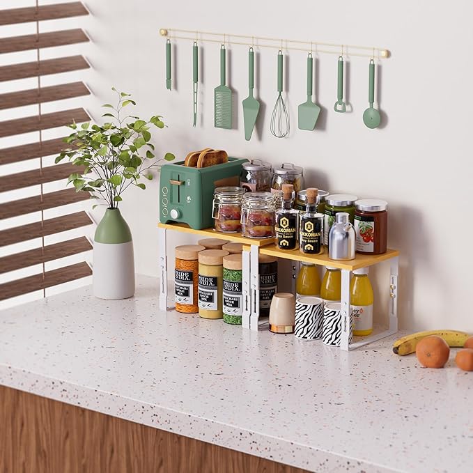 Adjustable Storage Shelves for Kitchen Cabinet Organization - Set of 2 Stackable Metal & Solid Wood Racks, Space-Saving Design for Countertop/Pantry/Garage, Easy Assembly(2 Packs/Large/White)