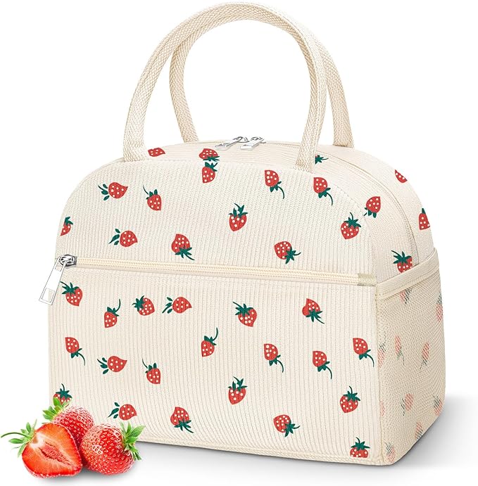 DALINDA Insulated Strawberry Lunch Bag for Women,Cute Corduroy Lunch Tote Bags Lunch Box Water-Resistant Large Capacity Reusable Insulated Cooler for Work Picnic or Travel