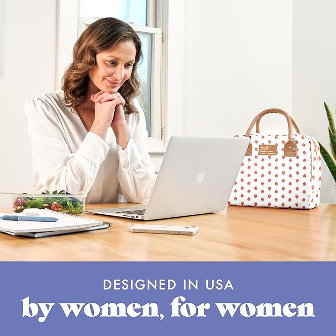 Fit & Fresh Bloomington Lunch Bag for Women - Insulated Large Lunch Box for Work with Containers, Leak-Resistant, Stain-Resistant, Zipper Closure, Strawberry