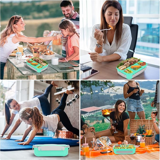 Bento Box, 1300ML Adult & Kids Lunch Box with 4 Compartment & Food Picks, Cake Cups, Leak-Proof, Microwave/Dishwasher/Freezer Safe (Green)